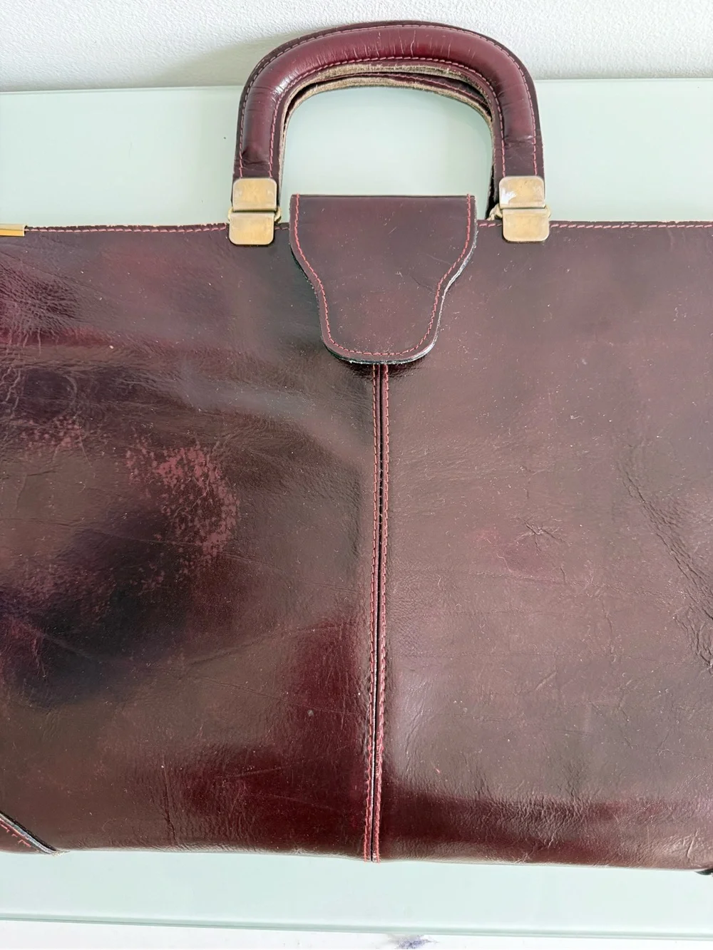 Classic Men's Leather Briefcase in Burgundy with Gold Accents